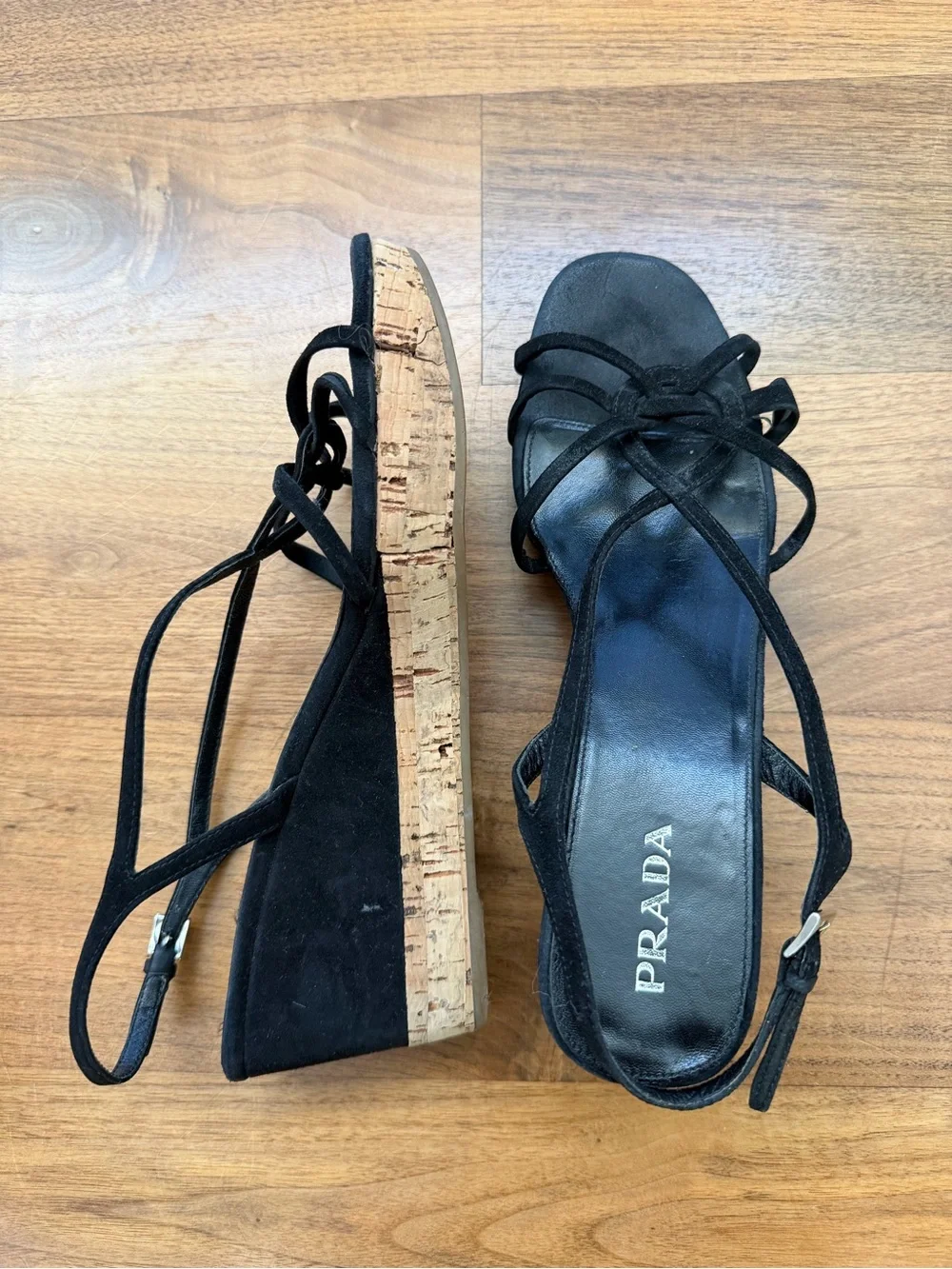 Prada Black Suede Cork Wedge Sandals with Lace Straps